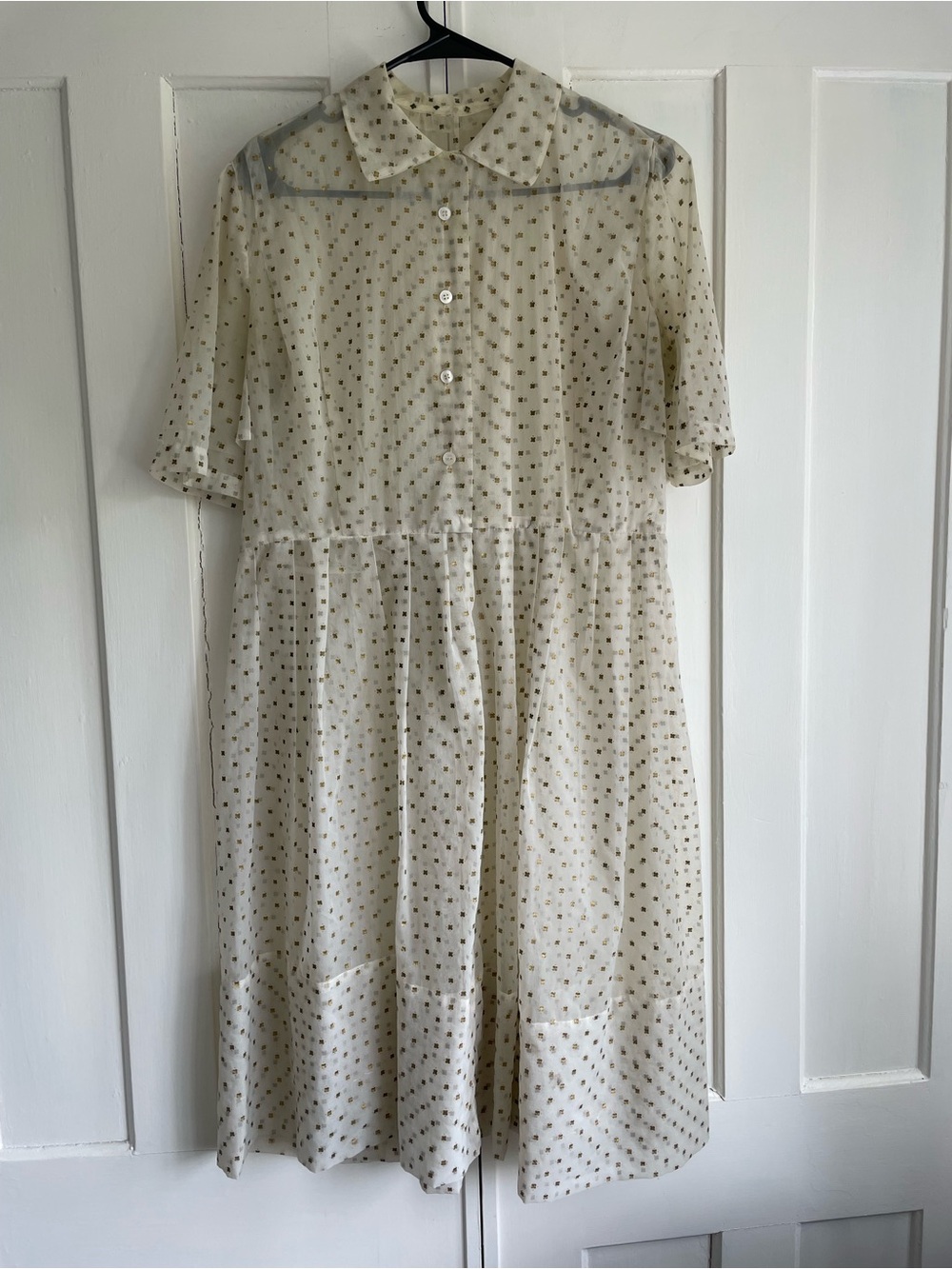 Vintage Dress Sheer Organza Button Front Gold Foil Print EUC Large Translucent